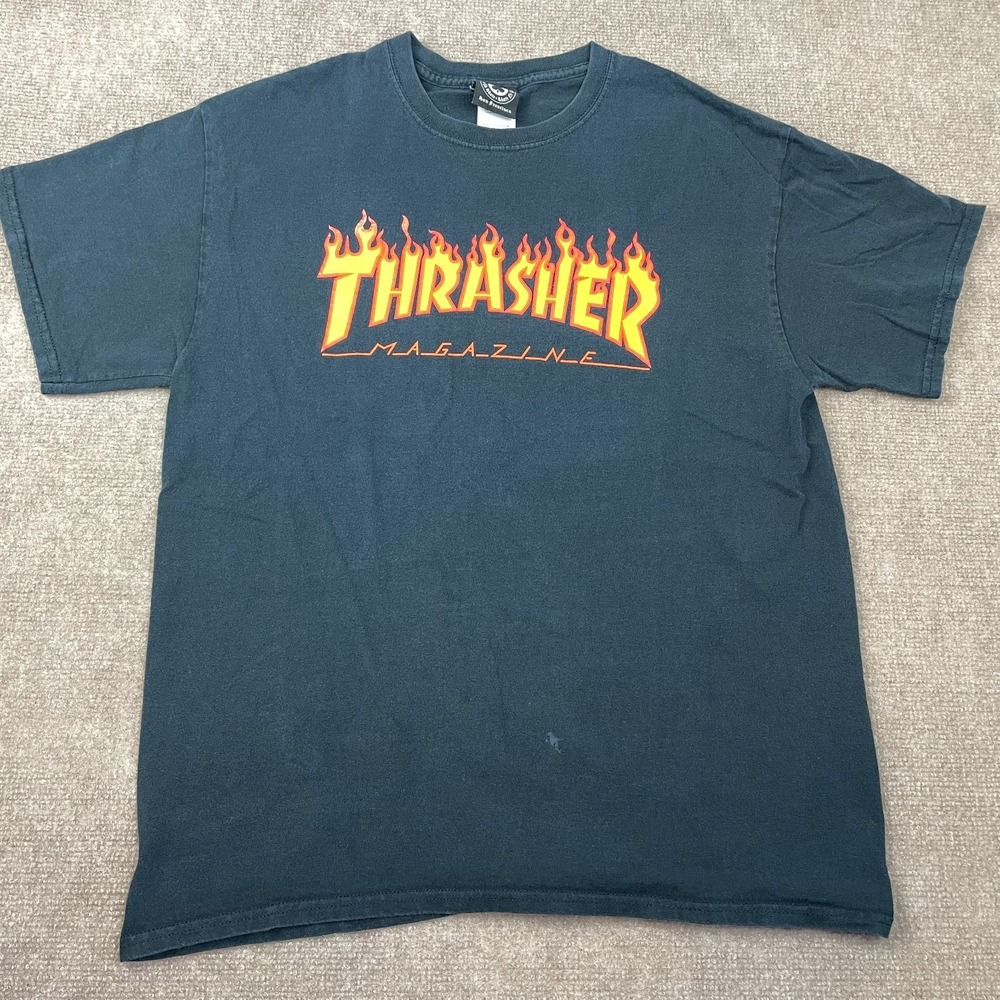 Blue Thrasher Magazine Flame‎ Gildan Activewear T-Shirt Mens L Crew Neck Skater